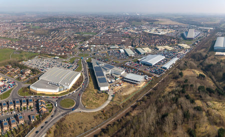 An aerial panorama of Castleford in West Yorkshire, UK from Glasshoughton area with Castleford College and Xscape buildings prominentの写真素材