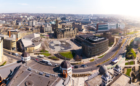 Aerial view of the city centre of Bradford in West Yorkshire which is the UK City Of Culture for 2025 with Centenary Square and retail district prominentの写真素材