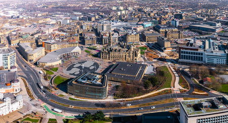 Aerial view of the city centre of Bradford in West Yorkshire which is the UK City Of Culture for 2025 with Centenary Square and retail district prominentの写真素材