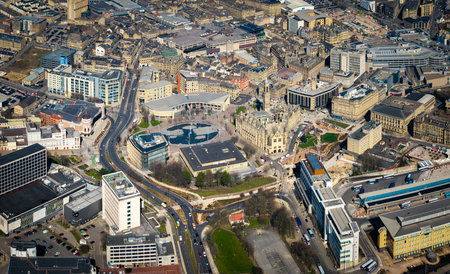 Aerial view of the city centre of Bradford in West Yorkshire which is the UK City Of Culture for 2025 with Centenary Square and retail district prominentの写真素材
