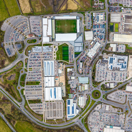 Aerial view directly above the Monks Cross and Vanguard retail estate in Huntingdon on the outskirts of York, UK with York City footbal ground in a map style viewの写真素材