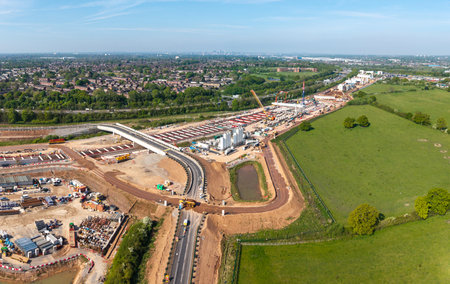 An aerial panoramic view of the HS2 high speed rail project construction site near Water Orton and Coleshill Parkway to the South of Birminghamの写真素材