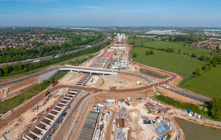 An aerial panoramic view of the HS2 high speed rail project construction site near Water Orton and Coleshill Parkway to the South of Birminghamの写真素材