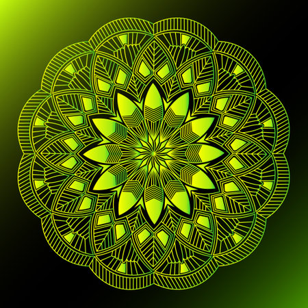 yellow greenish line art leaf mandala design and repeat pattern backgroundのイラスト素材