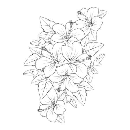 red hibiscus flower coloring page line drawing with print template for kid and adultのイラスト素材
