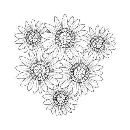 sunflowers antistress worksheet of bouquet illustration for coloring book for children and adultsのイラスト素材