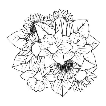 sunflower doodle coloring page and daffodil flower coloring page design of vector line art pencil. aesthetic flower doodles. adult coloring pages.のイラスト素材
