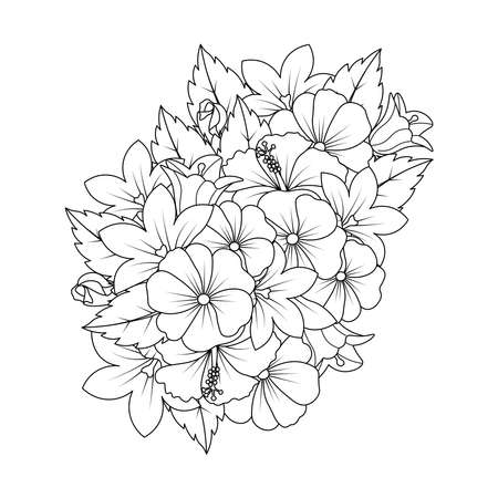 hibiscus flower coloring page with detailed line art vector graphic and doodle art design of flower outline line drawing and black and white background.のイラスト素材