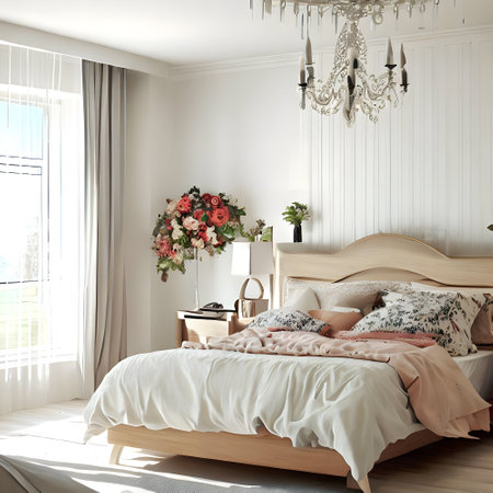 Modern Bedroom with Flower Vase, Chandelier and Comfortable Blanketの素材