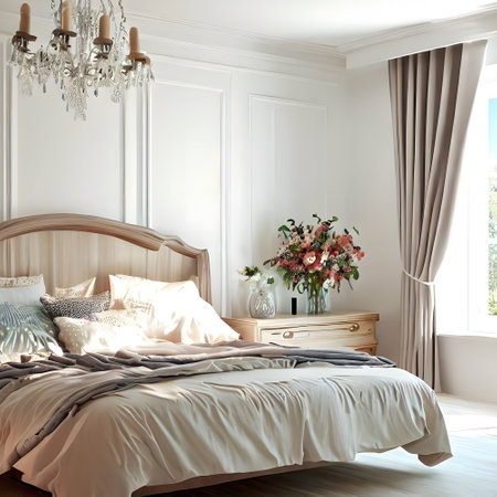 Modern Bedroom with Flower Vase, Chandelier and Comfortable Blanketの素材