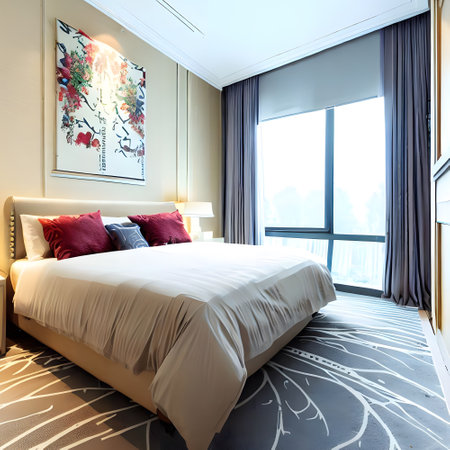 interior bedroom design with wooden furniture,comfortable bed and colorful  pillowsの素材