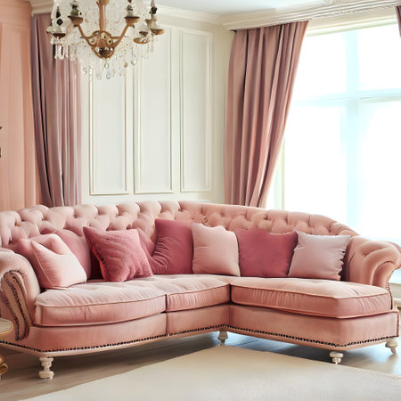 drawing room interior with pink sofa, colorful cushion and beautiful window curtainの素材