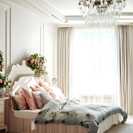 Modern bedroom with beautiful furniture, comfortable bed,pillow and chandelierの素材