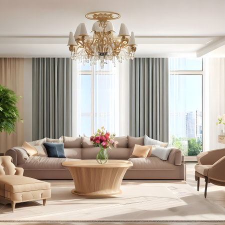 interior apartment with comfortable sofa,cushion and a coffee table with flower vaseの素材