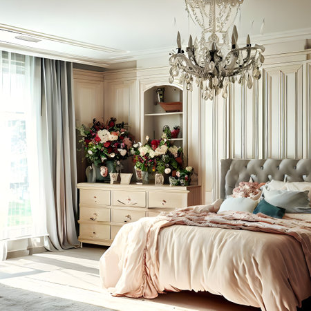 Modern bedroom with beautiful furniture, comfortable bed,pillow and chandelierの素材
