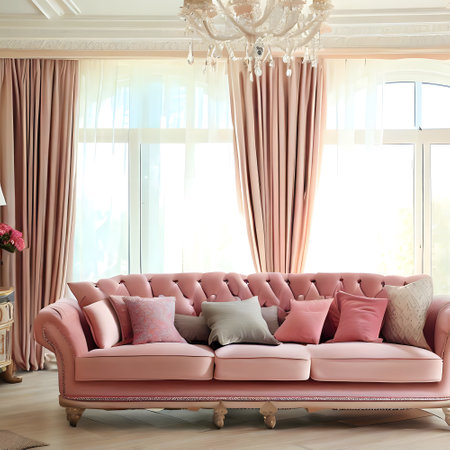 drawing room interior with pink sofa, colorful cushion and beautiful window curtainの素材