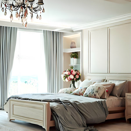 Minimalist bedroom with wood furniture, comfortable bed,pillow and elegant Vaseの素材