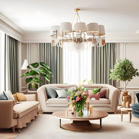 interior apartment with comfortable sofa,cushion and a coffee table with flower vaseの素材