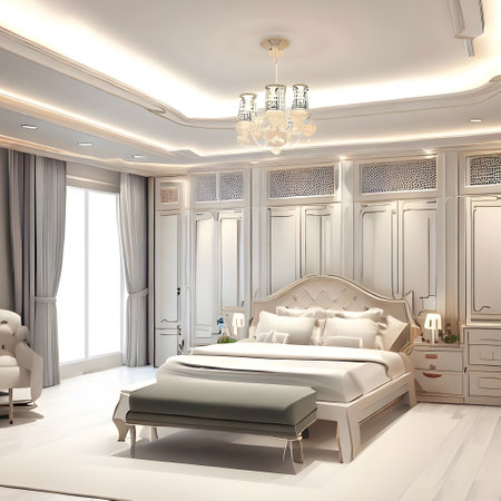 Luxurious bedroom design  interior with comfortable bed, pillow,chandelier, and almirahの素材