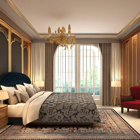 luxurious bedroom interior with luxurious blanket, carpet and chandelierの素材