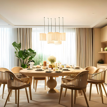 contemporary dining room interior design with comfortable wooden furnitureの素材