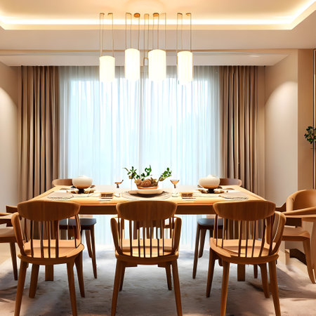 contemporary dining room interior design with comfortable wooden furnitureの素材