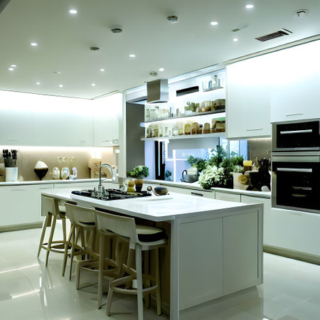 neat and clean kitchen room interior with well arranged kitchen applianceの素材