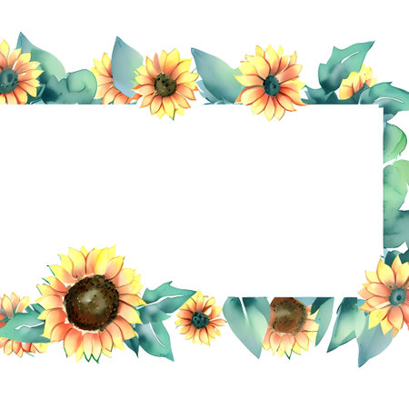 watercolor border design with lovely sunflower and leavesの素材