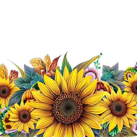 Multicolored floral invitation card with bright sunflower decorationの素材