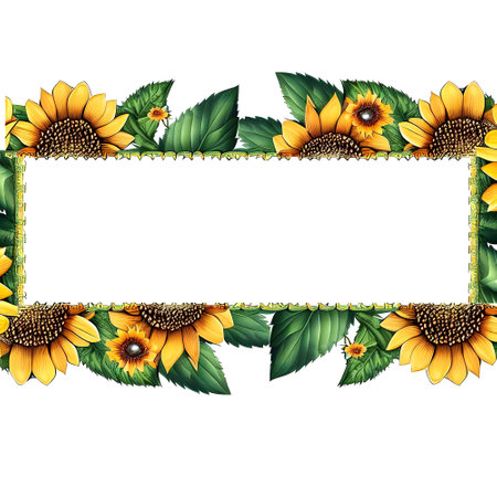 colorful rectangle border design with detailed sunflower,leaves and budsの素材