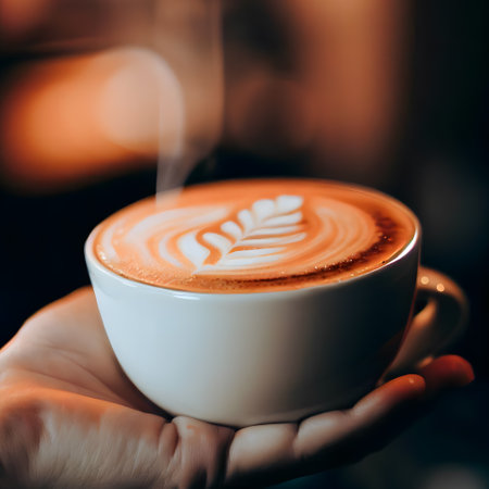 Hand holding a latte coffee cup symbolizes international coffee dayの素材