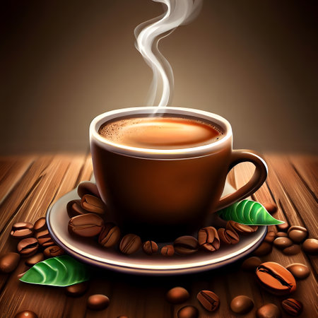 Realistic steaming cup of coffee on wooden table to celebrate International Coffee Dayの素材