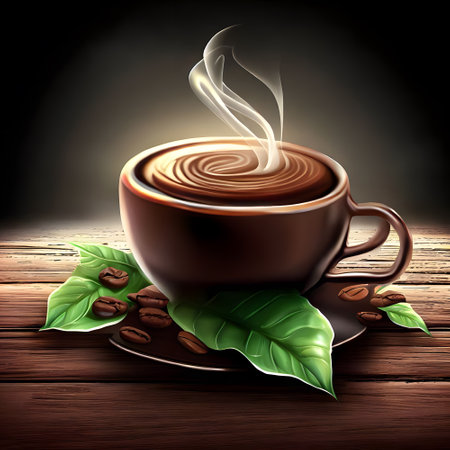Realistic steaming cup of coffee on wooden table to celebrate International Coffee Dayの素材