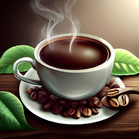 Realistic steaming cup of coffee on wooden table to celebrate International Coffee Dayの素材