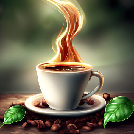 Realistic natural coffee on wooden table for international coffee dayの素材