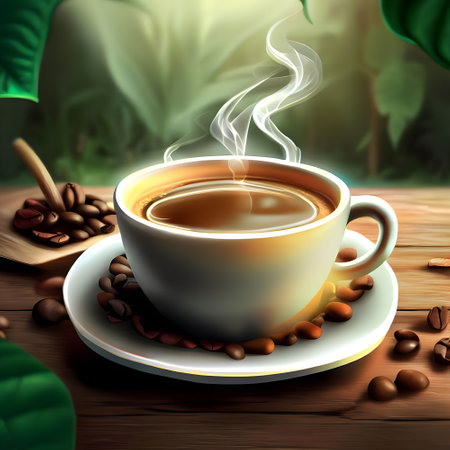 Realistic natural coffee on wooden table for international coffee dayの素材