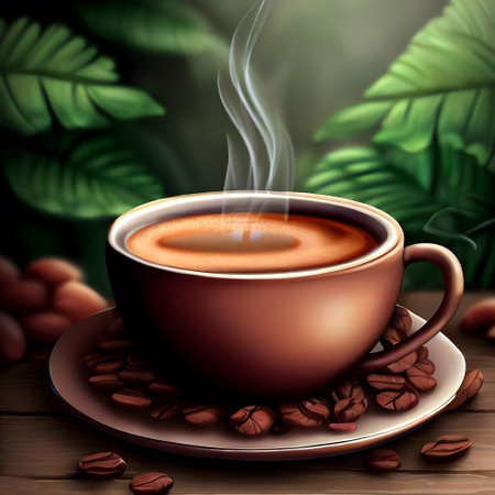 Realistic natural coffee on wooden table for international coffee dayの素材