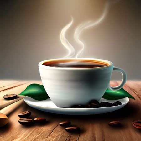 Realistic steaming cup of coffee on wooden table to celebrate International Coffee Dayの素材