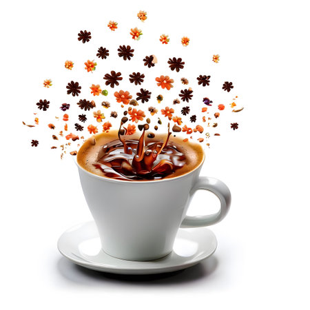 ceramic cup of flower splashed coffee for international coffee day celebrationの素材