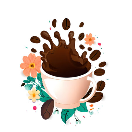 International coffee day with flower splashed coffee and beansの素材