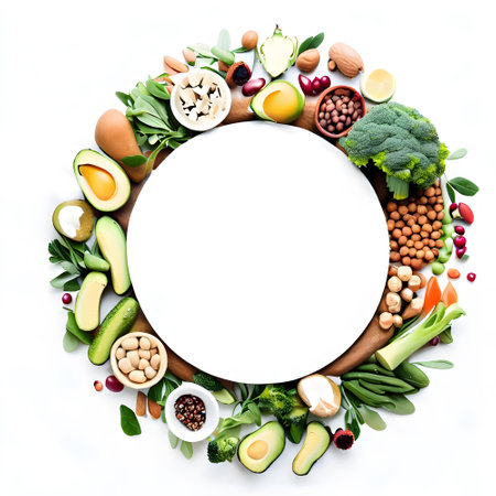 Circle decorated vegan background with various colorful vegetablesの素材