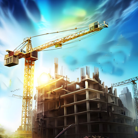 Construction design with modern under constructed building and equipmentsの素材