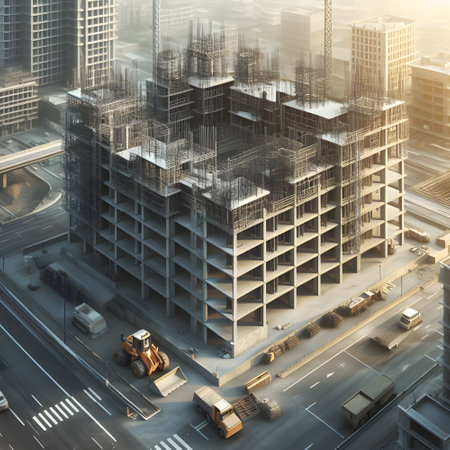 Construction design with modern under constructed building and equipmentsの素材