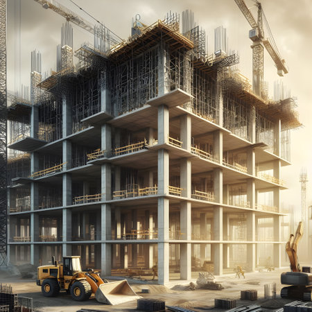 Construction background with skyscraper building and transportationsの素材
