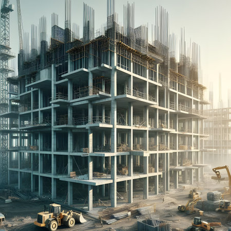 Construction background with skyscraper building and transportationsの素材