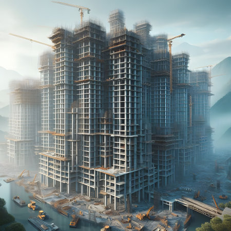 Dynamic Construction Building Progress with Heavy Machinery and transportationの素材