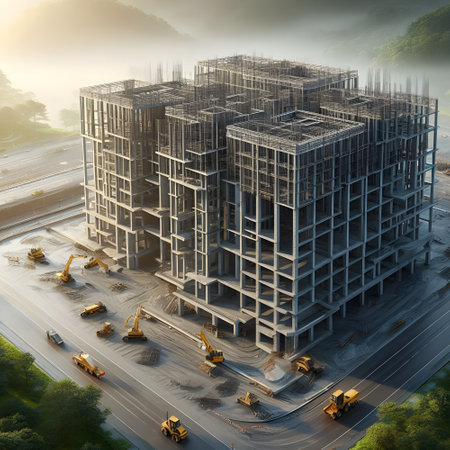 Dynamic Construction Building Progress with Heavy Machinery and transportationの素材