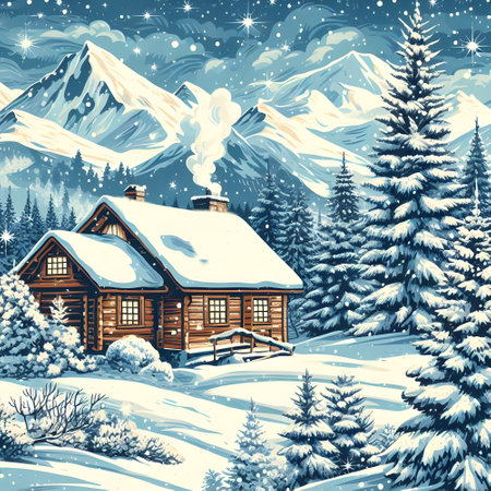 Cozy Cabin in Snow Covered Pine Forestの素材