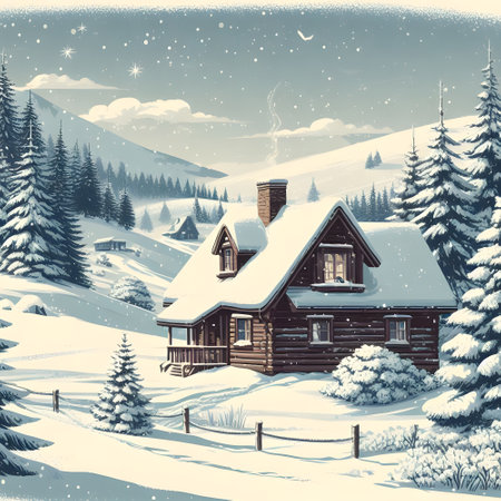 Cozy Cabin in Snow Covered Pine Forestの素材