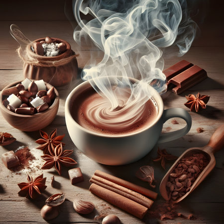 Cocoa cup on wooden table with steaming hot cocoaの素材